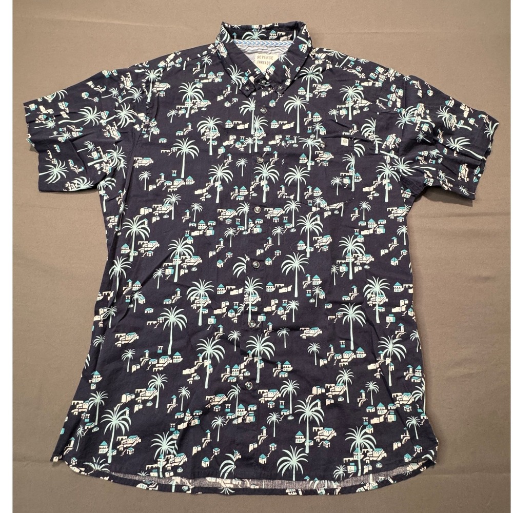 Reverse Threads Mens XLarge Navy Blue‎ Tropical Palm Tree Button Down Shirt